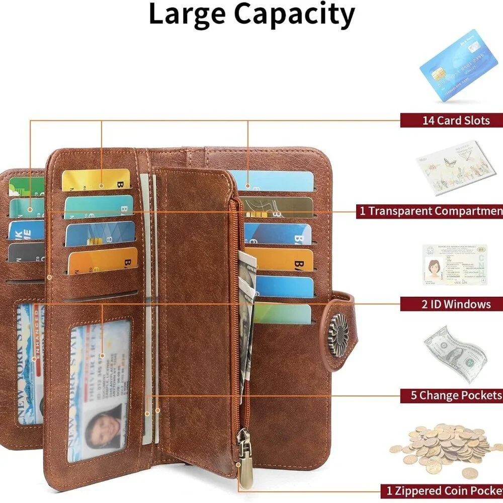 Women's Leather Wallet Trifold RFID Blocking Large Capacity Purse with Coin Pock